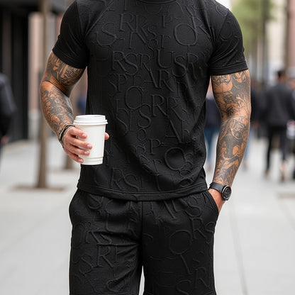 European and American Style Men's Fashion Set with Letter Pattern Round Neck Short Sleeve T-shirt + Shorts