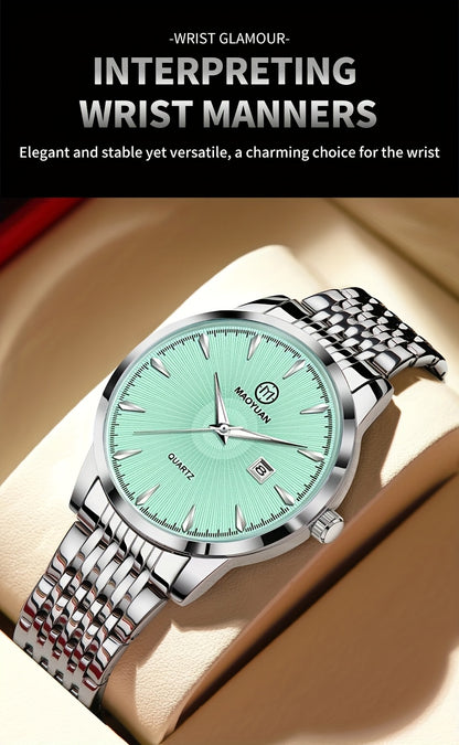 MAOYUAN Men'S Luxury Stainless Steel Quartz Watch with Date Display and Luminescent Hands - Elegant Green Dial, Metal Bracelet, Perfect for Business and Casual Attire, Ideal Gift for Men, Casual Watch | Elegant Watch | Quartz