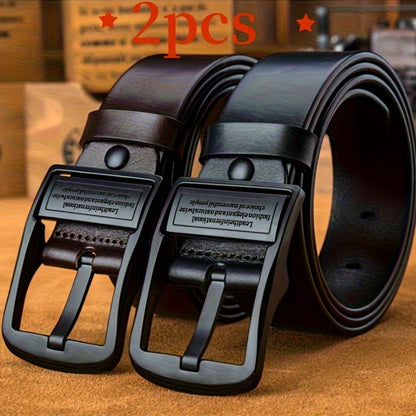2pcs Men'S Premium Faux Leather Belt with Vintage Square Alloy Buckle - Double-Sided Durable Black Business Casual Belt, Multiple Sizes, Ideal Father'S Day Gift