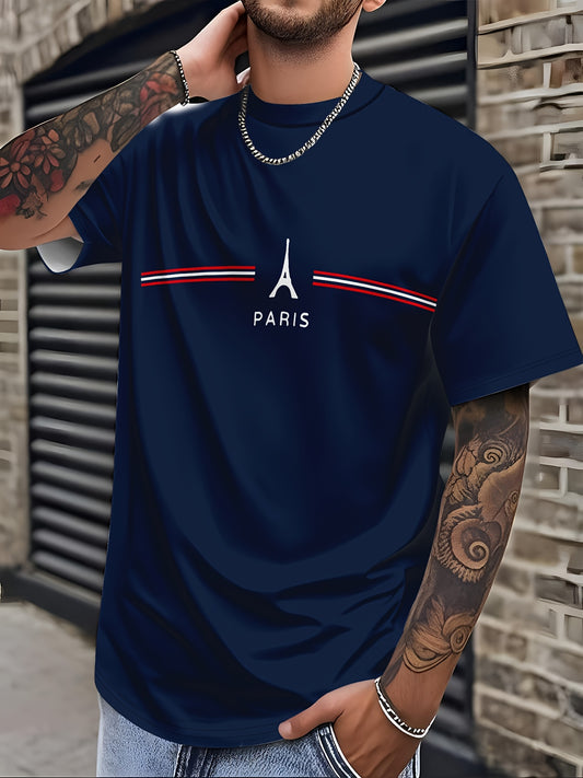 Men's Casual Short Sleeve T-Shirt with Paris Graphic Print - Navy Blue Relaxed Fit Round Neck Tee, Machine Washable for Casual Attire, Leisure Clothing, Classic Round Neck, Durable Casualwear, Weekend Attire, Simple Design, S
