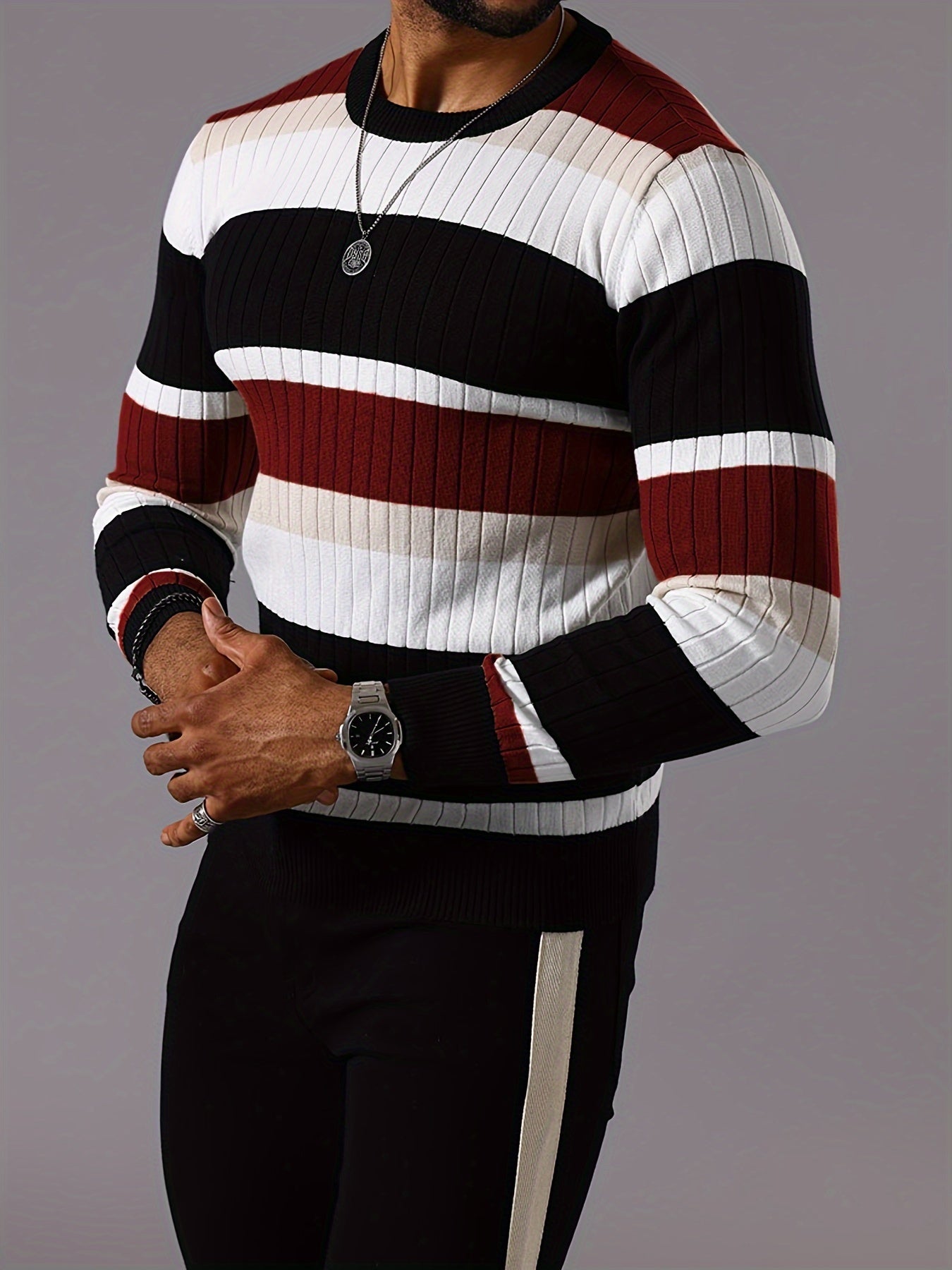 Men's Striped Color-Block Ribbed Knit Sweater - Long Sleeve Round Neck Pullover with Elastic Comfort Fit, Machine Washable Casual Fall Winter Top in Black/White/Green/Beige, Knit Sweater, Medium Elasticity