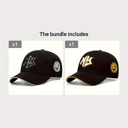 NY Embroidered Baseball Cap - Stylish Black Polyester Hat with Golden "NY" Design, Perfect for Spring & Fall Sports and Casual Wear, Casual Headwear | Embroidered Cap | Polyester Cap