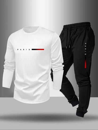 Men's Long Sleeve T-shirt and Pants Set, Spring/Autumn 2pcs set with Paris letter print round neck long sleeve T-shirt + drawstring outdoor casual sports pants set of 2