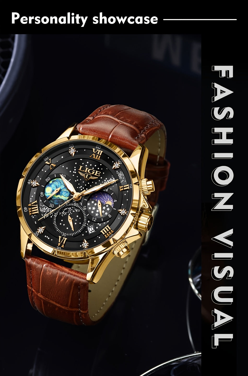 LIGE Luxury Quartz Chronograph Watch with Luminous Hands - Elegant Round Alloy Case, Blue Dial with Roman Numerals, Starry Night Design, Button Battery, Faux Leather Strap, Stylish Accessory|Starry Night Design|Luminous Hands
