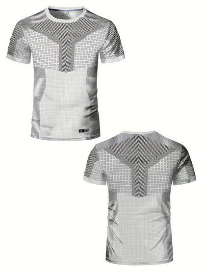 A Black And White Patterned Print Design, Men'S Sporty Fashion, Geometric Print High-Elastic Tight-Fitting Short-Sleeve Round-Neck T-Shirt, Quick-Drying Sports Top for Summer Fitness, Training, And Workout, with a Cool Feel,