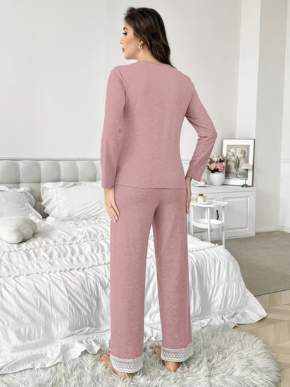 Elegant Women'S Lace-Trimmed Long Sleeve Knit Pajama Set - V-Neck, Solid Color, Ribbed Detail, Perfect for Spring & Fall, Comfortable Loungewear, Relaxed Fit Pajamas | Vneck Top & Long Sleeve Pants | Polyester Blen