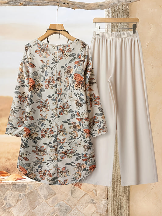 Women's Casual Round Neck Printed Long Sleeve Top and Solid Color Pants Two-Piece Set