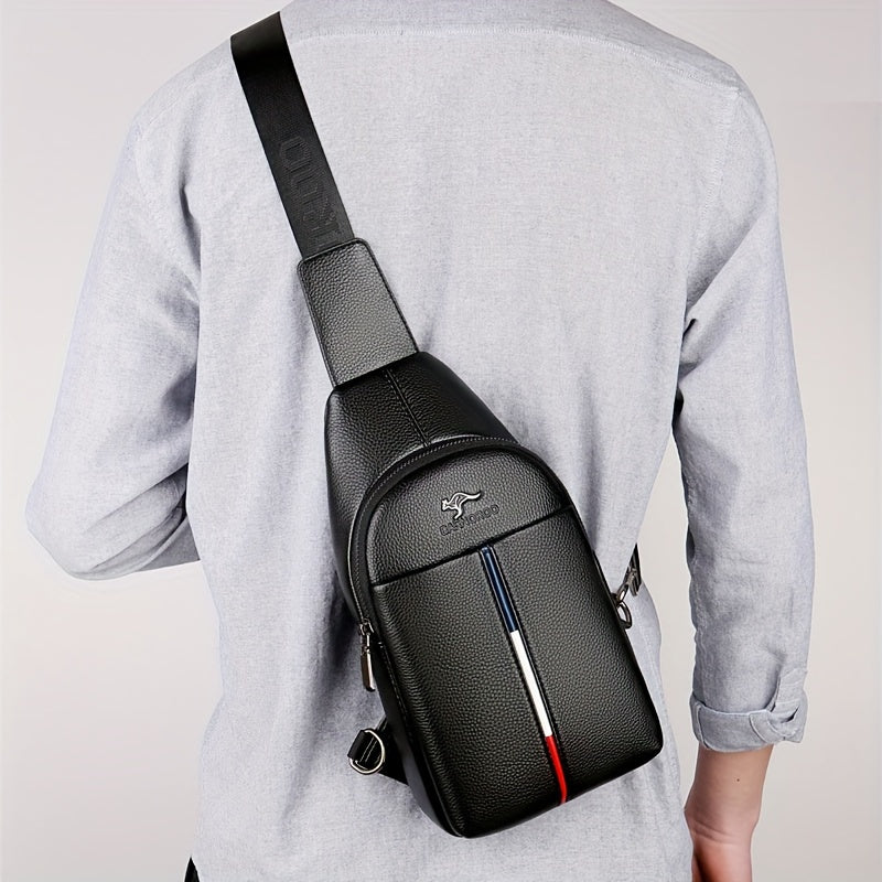 DARWNORO Men's Stylish PU Leather Sling Bag - Casual Shoulder & Crossbody Bag with Zipper Closure, Brown with White & Red Accents, Perfect for Daily Commute, Motorcycle Inspired Design, PU Leather Crossbody Bag