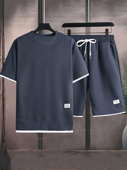 Waffle short-sleeved T-shirt Men's casual sports suit summer loose fake two-piece half-sleeve T-shirt set