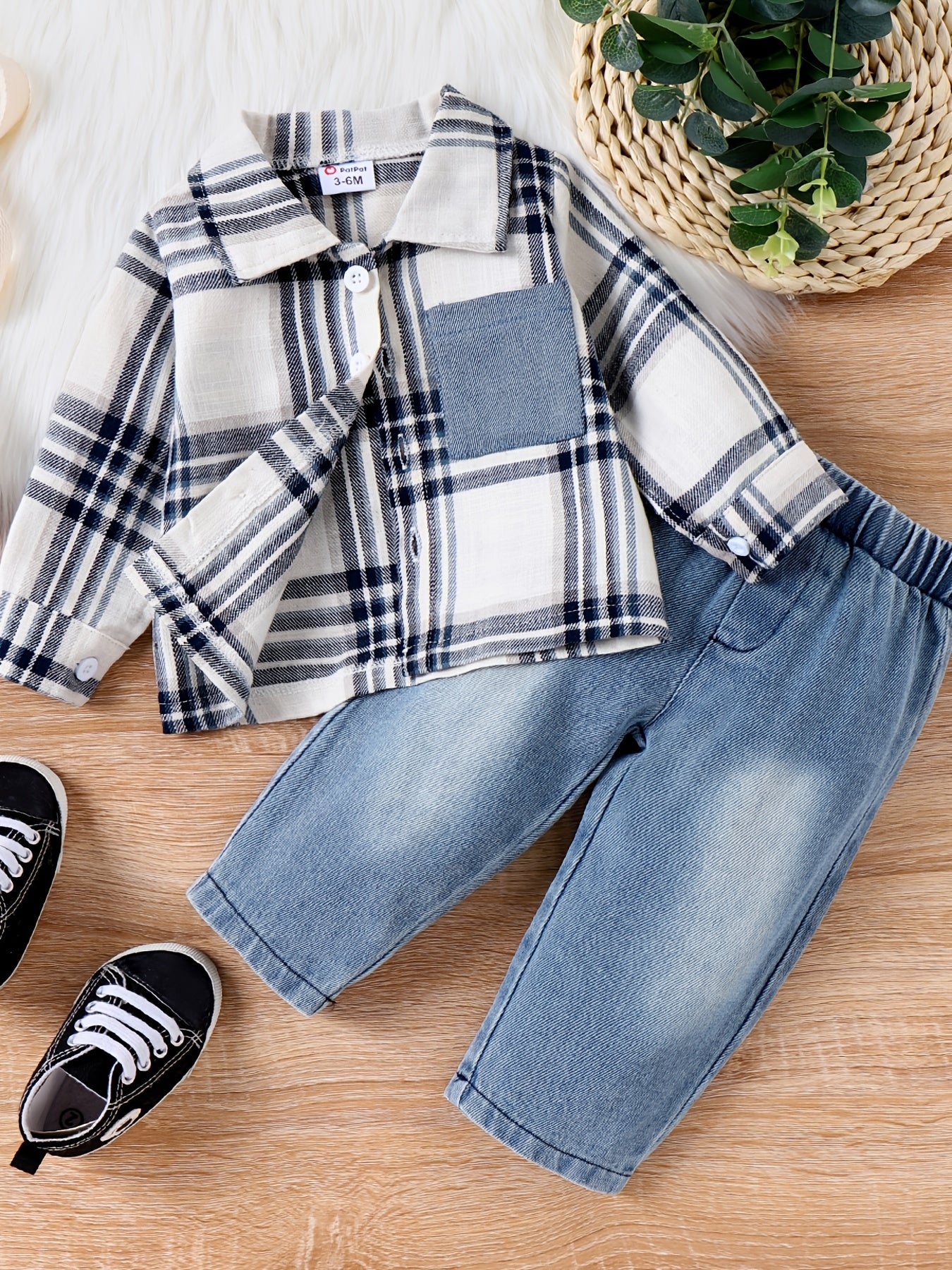 PatPat 2pcs Baby Boy Casual Patch Pocket Plaid Long-sleeve Lapel Collar Shirt and Jeans/Denim Pants Set For Spring & Autumn/Fall