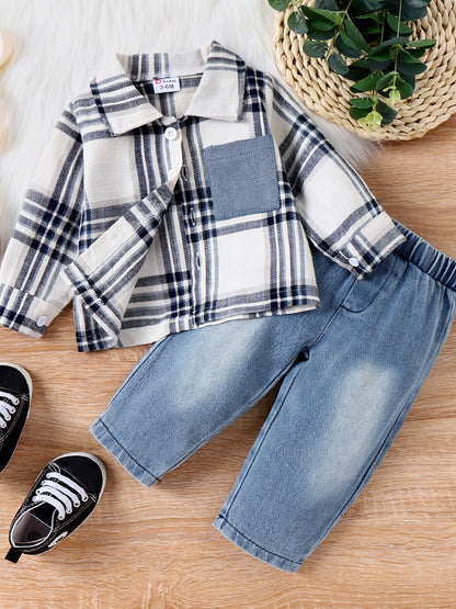 PatPat 2pcs Baby Boy Casual Patch Pocket Plaid Long-sleeve Lapel Collar Shirt and Jeans/Denim Pants Set For Spring & Autumn/Fall