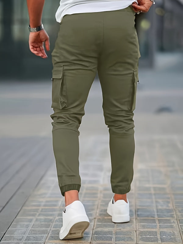 Men's Solid Color Multi-pocket Cargo Pants With Drawstrings, Casual Stylish Sports Trousers As Gift