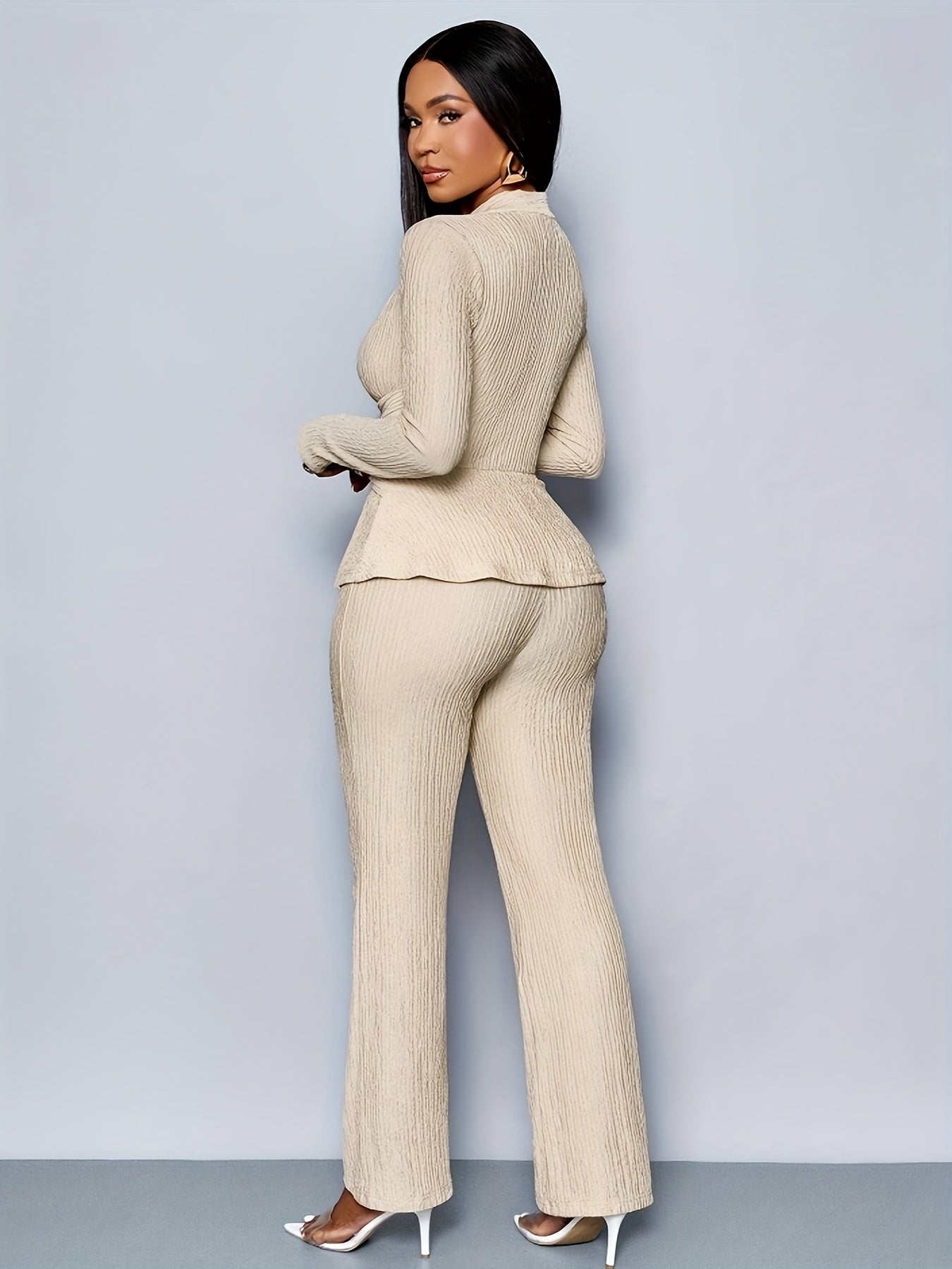 Elegant Women'S V-Neck Long Sleeve Top and Wide Leg Pants Two-Piece Set, Asymmetrical Hem Two-Piece Outfit for Casual Daily Wear, Winter Women'S Clothing