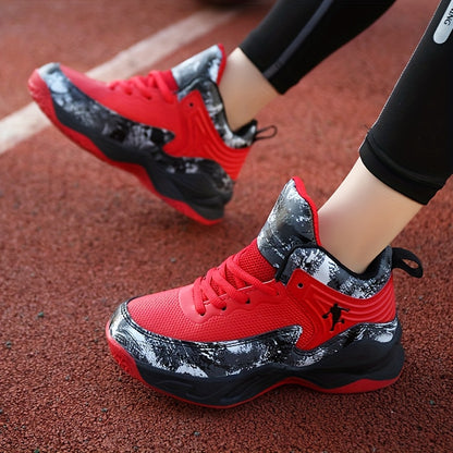 Youth Mid-Top PU Sports Sneakers - Comfortable, Lace-Up Basketball Shoes with Red & Black Design, TPR Sole for Outdoor Training, Running & Casual Wear, Basketball Shoes
