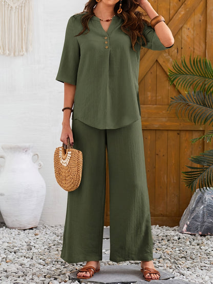 2pcs Women'S Olive Green Casual Short Sleeve Top & Wide-Leg Pants Set - Elegant Button-Up Blouse with Pockets, High-Waisted Jumpsuit for Spring/Summer/Fall, Versatile Outfit | Buttonup Blouse | Texture