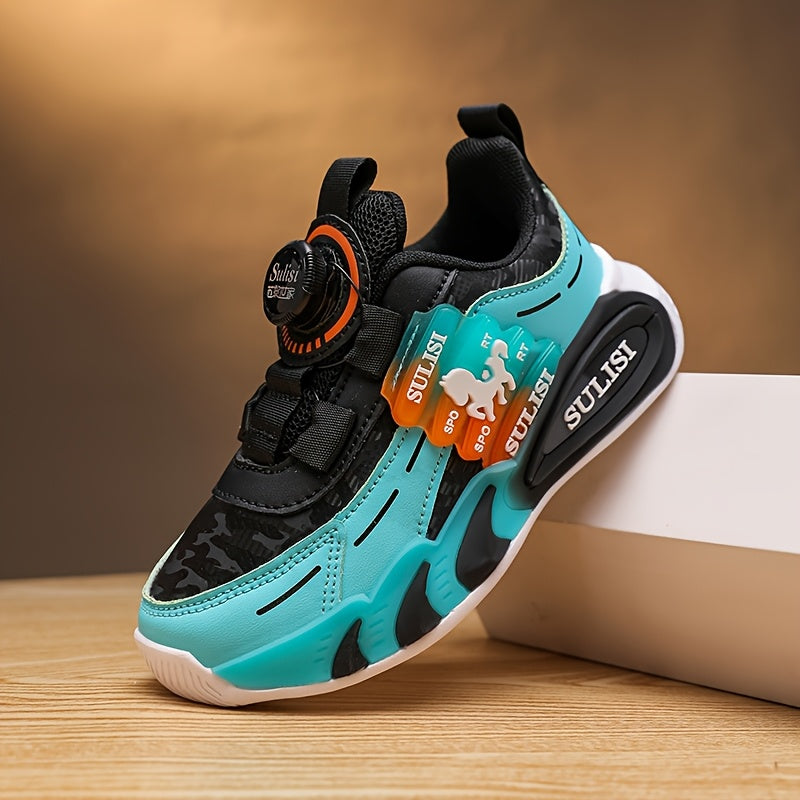 Kid's Trendy Colour Block Sneakers with Rotating Buckle, Comfy Non Slip Durable Shoes for Boy's & Girl's Outdoor Activities
