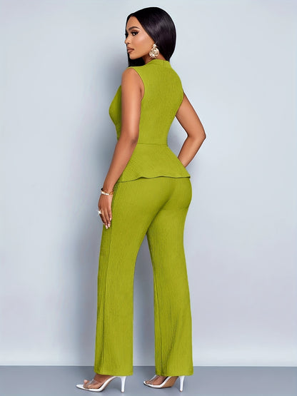 Women'S Elegant Solid Color Asymmetrical Sleeveless Top & Wide-Leg Pants Set - Ruched Texture, High-Waisted, Black, Stylish Evening Attire, Evening Attire|Asymmetrical Top|Ruched Texture