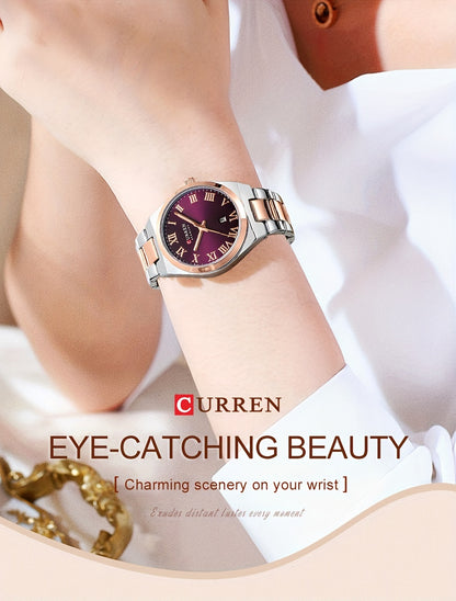 Fashionable Brand Of CURREN Ladies' Watches With A Casual And Simple Stainless Steel Strap, Featuring A Calendar And Quartz Movement.