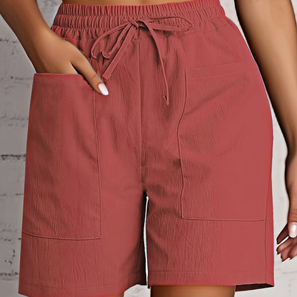 Women's Beige Cargo Shorts - Casual & Stylish, Solid Color with Drawstring Waist and Pockets, Polyester Blend, Machine Washable, All-Season Comfort