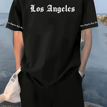 Men'S Los Angeles Graphic Print Casual Sportswear Set - Breathable Summer Short Sleeve T-Shirt & Drawstring Shorts with Pockets, Regular Fit, Crew Neck, Comfortable & Stylish for Casual Attire, Leisure Clothing | Trendy Sport