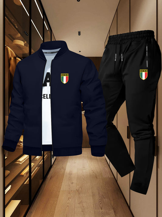 Men'S Trendy Design Jacket Two-Piece Suit with Five-Pointed Star Print, Casual Youth Casual Sports Jacket Suit