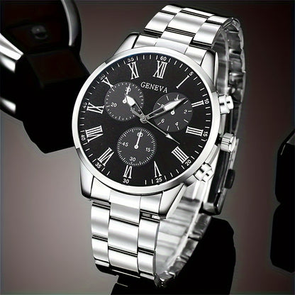 2pcs Elegant Men's Quartz Watch Set, Classic Round Dial Design with Durable Stainless Steel Band, Zinc Alloy Case, Precision Electronic Movement, Casual Fashion Style, Ideal Gift for Father's Day/Valentine's/Ramadan/Birthday/
