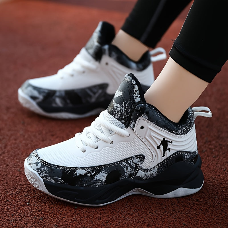Youth Mid-Top PU Sports Sneakers - Comfortable, Lace-Up Basketball Shoes with Red & Black Design, TPR Sole for Outdoor Training, Running & Casual Wear, Basketball Shoes