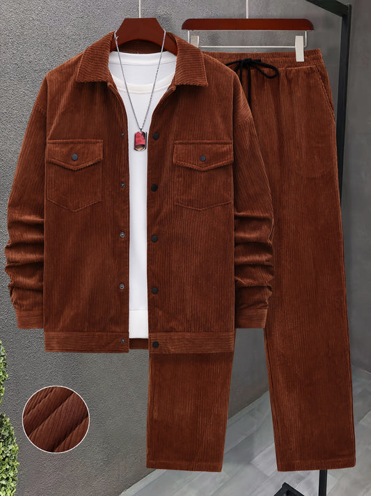Men'S 2pcs Set of Woven Textured Fabric Work Bag Long Sleeve Jacket And Drawstring Casual Loose Pants Suit