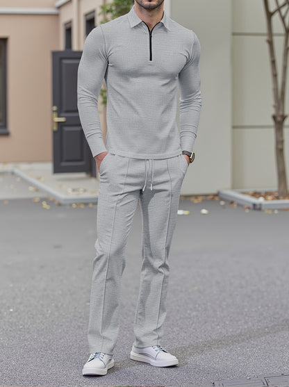 2025 collar half zipper long sleeved two-piece set, collar zipper allows for free breathing, casual pants to wear, knitted fabric is softer, multi color and multi style, Men's solid color is simple and not simple.