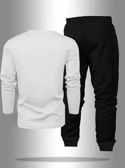 Men's Long Sleeve T-shirt and Pants Set, Spring/Autumn 2pcs set with Paris letter print round neck long sleeve T-shirt + drawstring outdoor casual sports pants set of 2