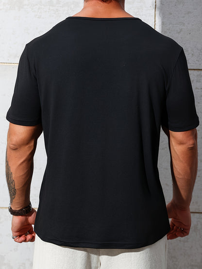 Cen Han Selection Men's Stretch Polyester-Spandex Blend Short Sleeve T-Shirt - Athletic Fit Small V-Neck Casual Top with Chest Logo Print for Summer Workouts & Casual Attire
