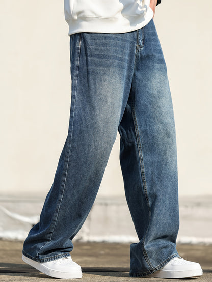 Men'S Casual Loose Fit Wide Leg Denim Jeans, Cotton Blend, Non-Stretch, Solid Color, with Pockets, for All-Season Wear, Fashionable Street Style Trousers