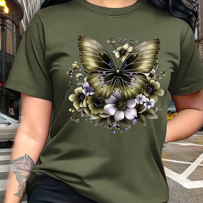 Circle Chic Butterfly Print T-Shirt - Exquisite Design, Casual Round Neck Top - Breathable and Lightweight, Perfect for Spring/Summer Wardrobe