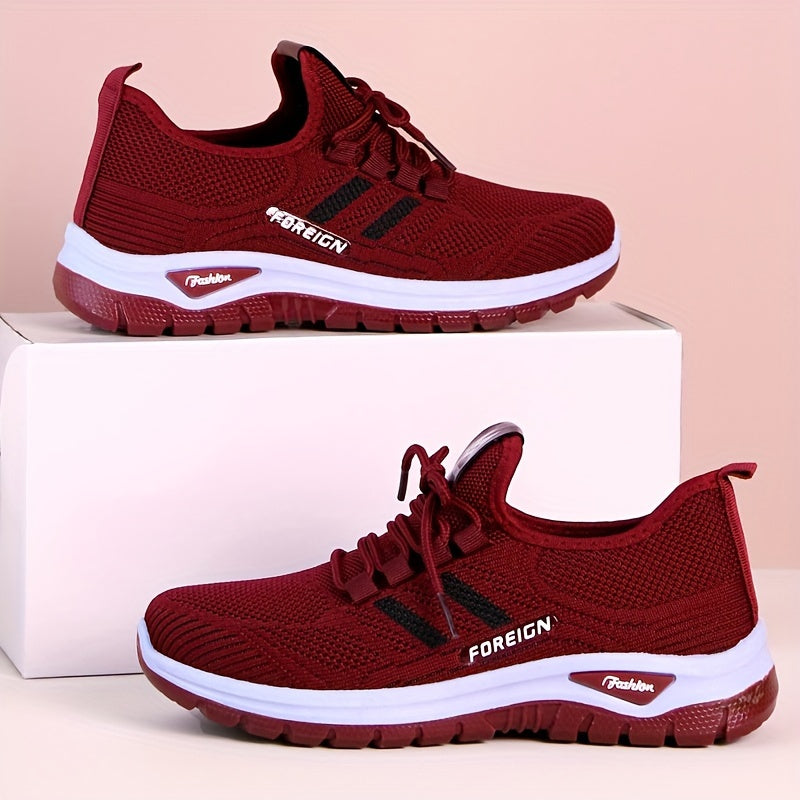 Women's Lightweight Breathable Knit Running Sneakers - Casual Sneakers with Lace-Up Closure, Dual-Layer PVC Sole for Easy Wear & Comfort, Black & Red Striped Design, Perfect for Outdoor Activities, Walking, and Daily Commute,