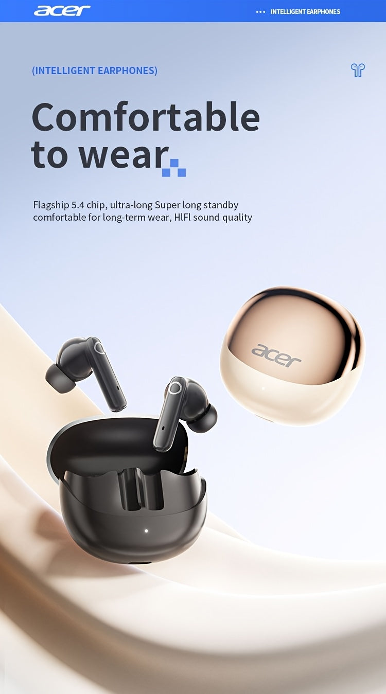 ACER HiFi բարձր թույլտվությամբ ստերեո ձայնային TWS անլար ականջակալներ՝ զանգերի աղմուկի չեղարկմամբ, երկար սպասման ժամանակ, երկմիջուկ 5.4 անլար չիպ, HIFI կարգի ստերեո ձայն, թեթև հպումային դիզայն, նորաձև դիզայն, հարմարավետ