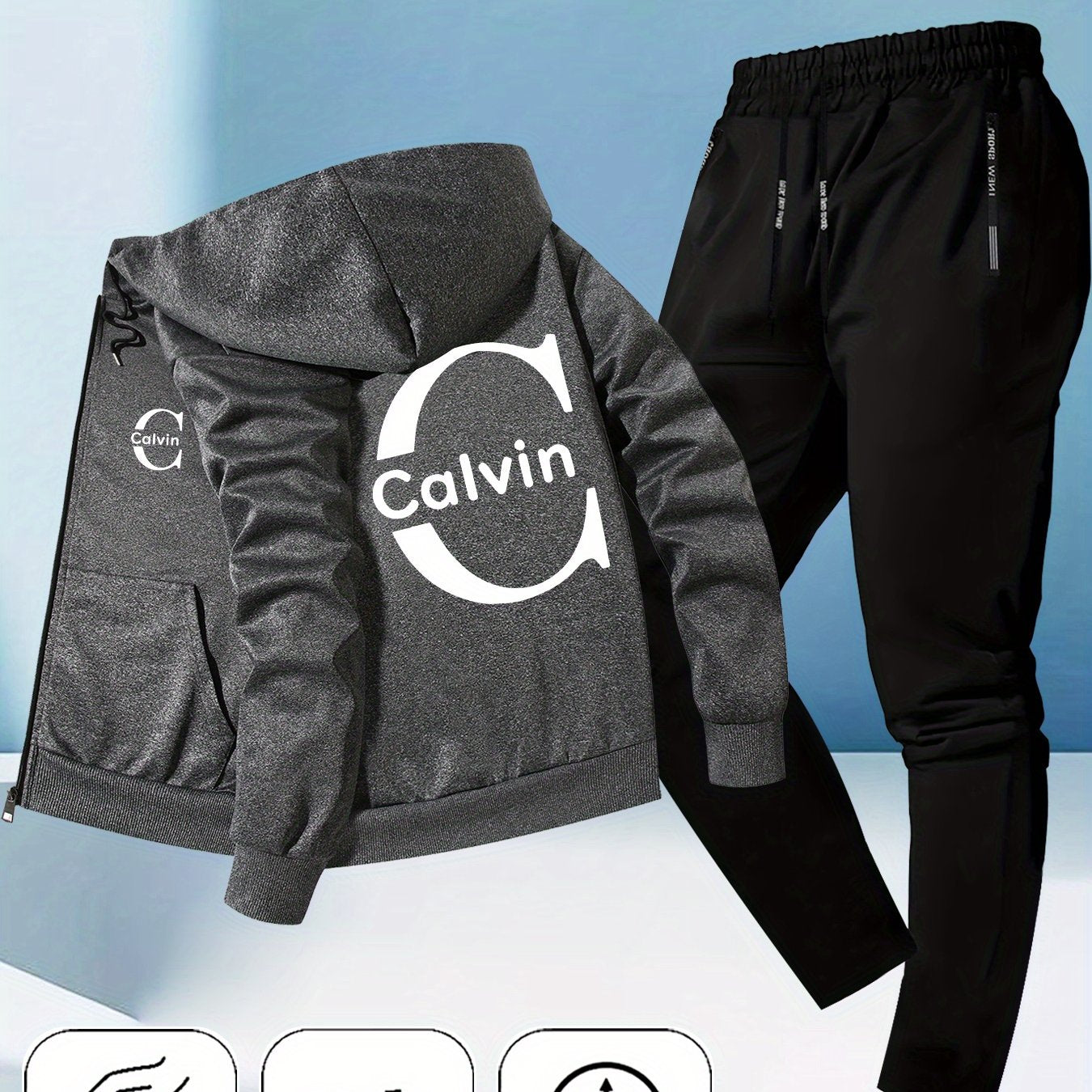 Men's Trendy Autumn-Winter Hooded Jacket Set with Calvin Print, Casual Youth Sportswear Outfit