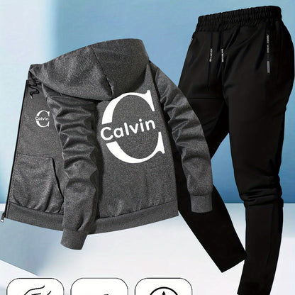 Men's Trendy Autumn-Winter Hooded Jacket Set with Calvin Print, Casual Youth Sportswear Outfit