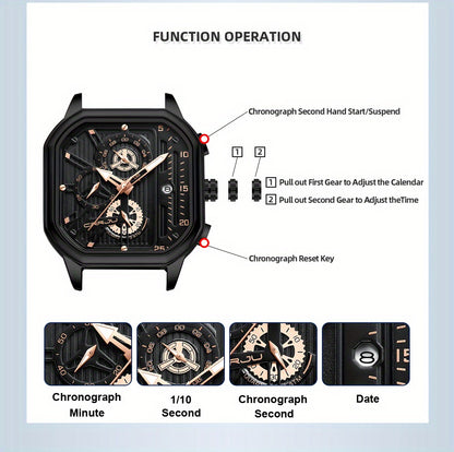 CRRJU Men's Sporty Chronograph Watch with Rose Golden Accents, Quartz Movement, IPX8 High Quality, Black Dial & Brown Faux Leather Strap - Durable Casual & Formal Timepiece