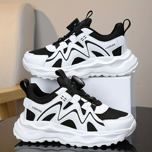 Youngsters' Breathable Athletic Sneakers with Rotating Buckle Closure - White & Navy Blue Striped Design, EVA Cushioned Sole, Low-Top Casual Shoes for Boys & Girls, All-Season Comfort, Youngsters Sneakers, Youngsters'S Footwe