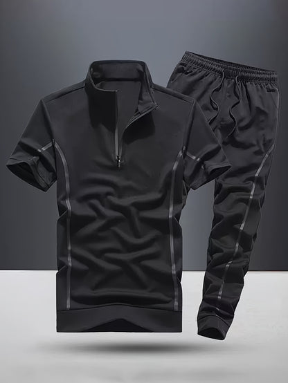 Men's Fashion Stripe Casual Suit, 2pcs Stylish Stand Collar Zippered Breathable Outfit with Short Sleeve T-Shirt and Drawstring Pants for Summer Wear