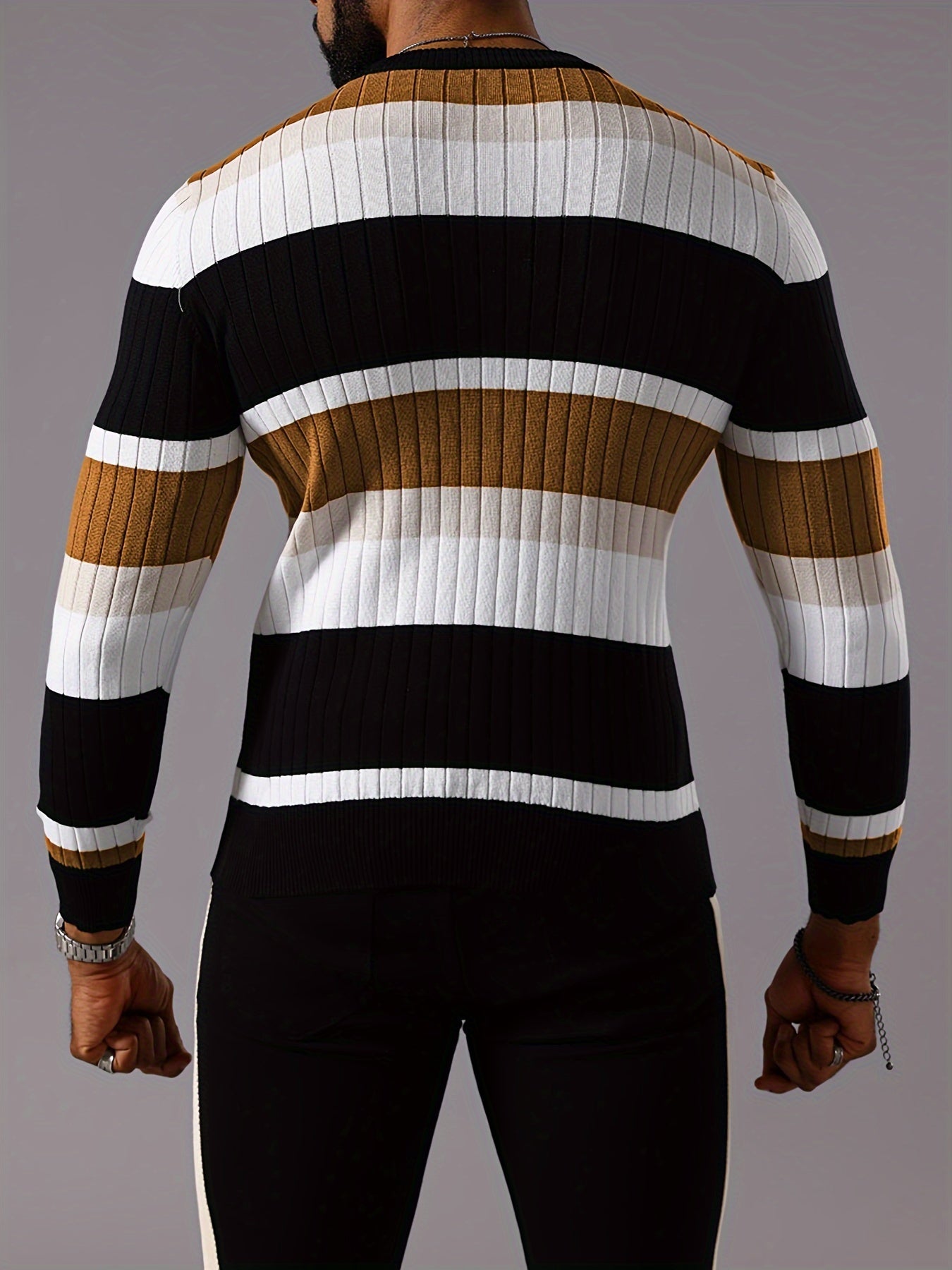 Men's Striped Color-Block Ribbed Knit Sweater - Long Sleeve Round Neck Pullover with Elastic Comfort Fit, Machine Washable Casual Fall Winter Top in Black/White/Green/Beige, Knit Sweater, Medium Elasticity