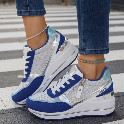 Women'S Fashionable Atmospheric Casual Shoes, Thickened Heightened Non-Slip Anti-Slippery Durable, Blue, with Stabilizing Support, Mesh Fabric Upper, Man Made Materials (Polyurethane) Upper, Fabric Inner, PVC Sole, Fabric Ins
