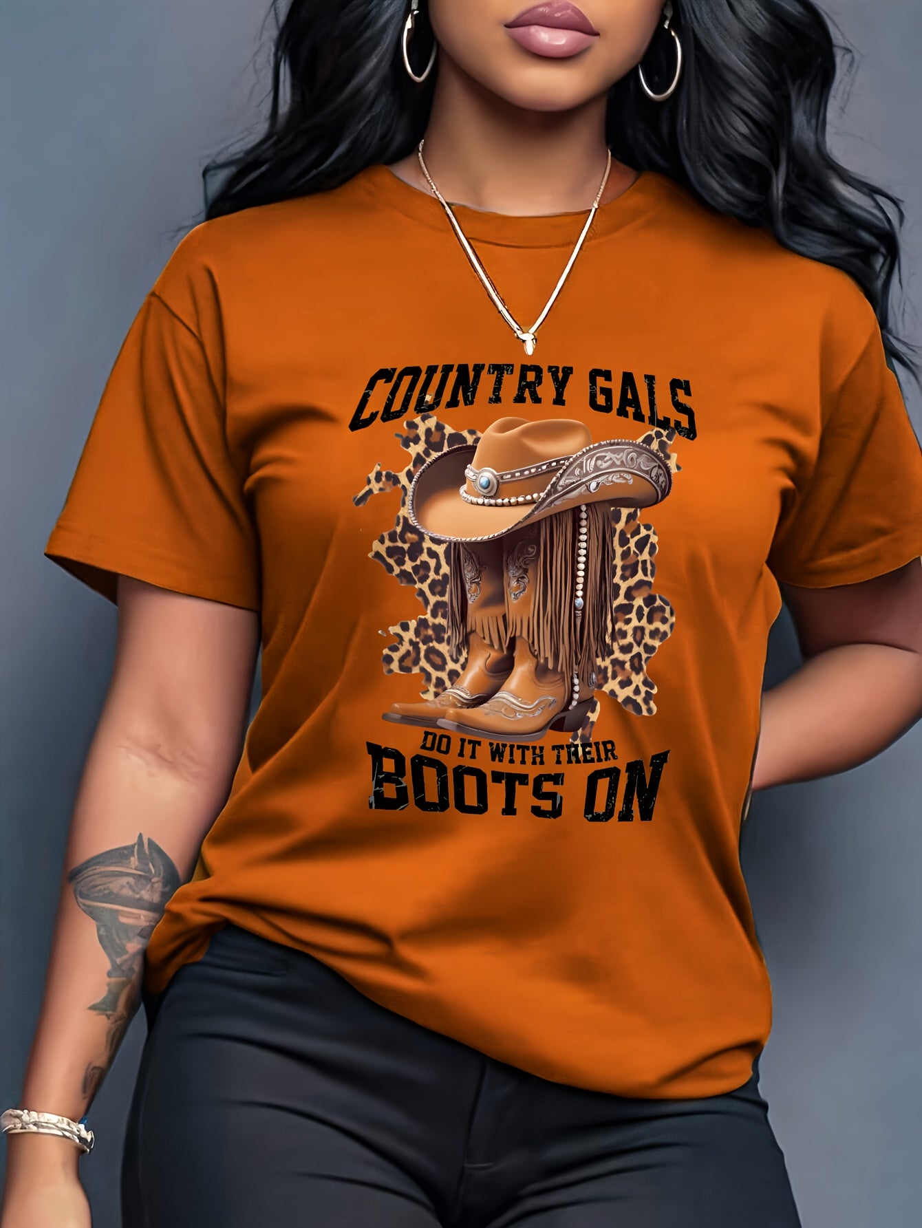 Women's Casual Short Sleeve T-Shirt with Cartoon Cowboy Boots & Leopard Print Graphic, "Country Gals Do It with Their Boots On" Slogan, Vibrant Orange Round Neck Tee, Machine Washable Regular Fit, Allseason Top, Semitranspare