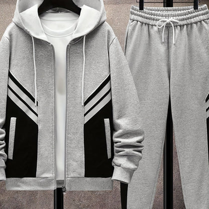 Men's Athletic Fleece Hoodie & Jogger Set - Sporty Gray with Black Accents, Zip-Up Jacket and Drawstring Pants, Polyester, Machine Washable for Fall/Winter