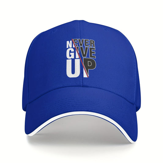1 Pack Never Give Up Print Baseball Cap - Adjustable Snapback Dad Hat with Breathable Mesh Back, Funky Unisex Trucker Hat for Outdoor Fishing Driving, Black with White & Red Lettering, One Size Fits Most (53.34-63.5 cm)