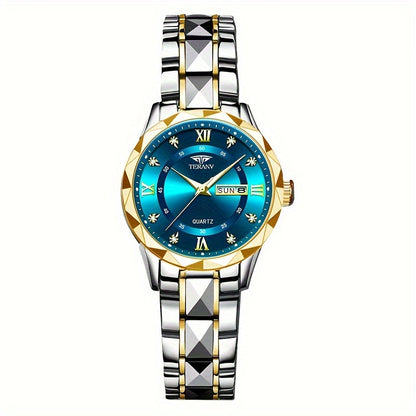 1pc Women's Stainless Steel Watch with Luminous Blue Dial, Date & Day Display, High Quality IPX7, Quartz Movement - Casual Elegant Design for Sports & Travel, Birthday Holiday Gift, Casual Attire, Secure Clasp Wristwatch