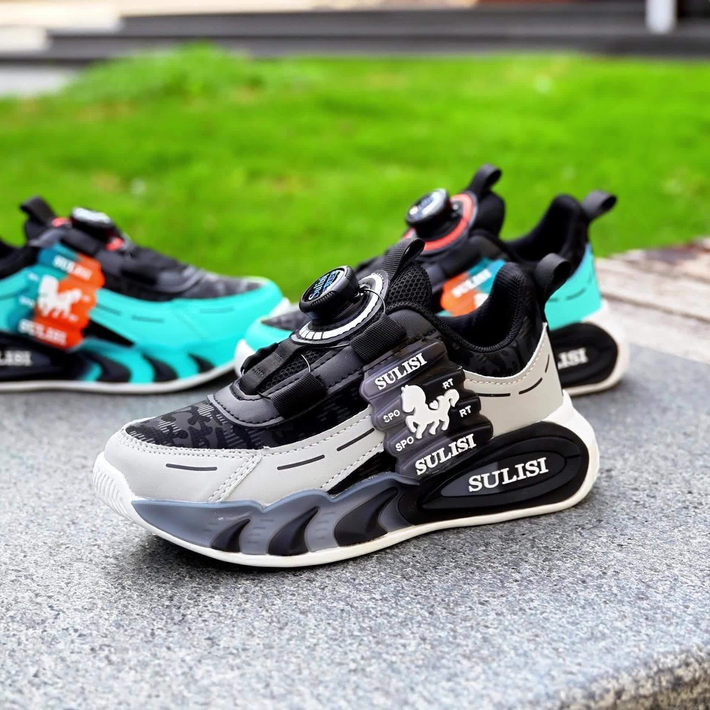 Kid's Trendy Colour Block Sneakers with Rotating Buckle, Comfy Non Slip Durable Shoes for Boy's & Girl's Outdoor Activities