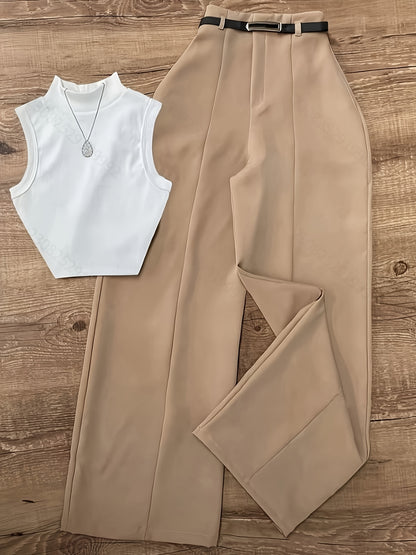 Summer Sexy Half-Turtleneck Sleeveless Vest + Versatile Western Flare Pants Set with Belt