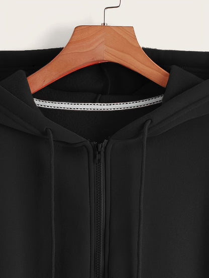 Zip Up Cropped Drawstring Hoodie, Casual Long Sleeve Sweatshirt For Spring & Fall, Women's Clothing