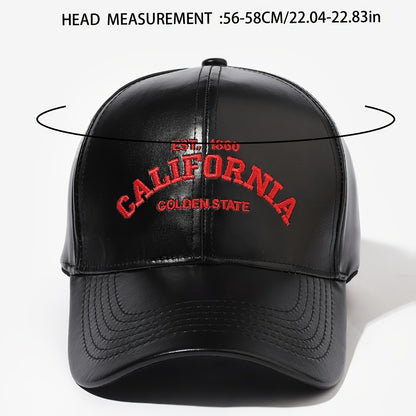 California Golden State PU Leather Baseball Cap - Unisex, Adjustable, Button Closure, Sun Protection, Holiday-Themed, Handcrafted with Embroidery and Woven Design